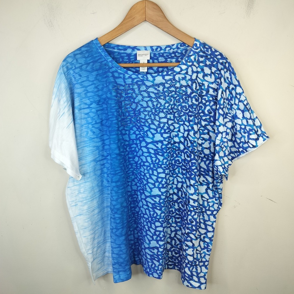 Zenergy by Chicos Top 3 / XL Spotted Ombre Rhinestone Embellished Blue Tee
